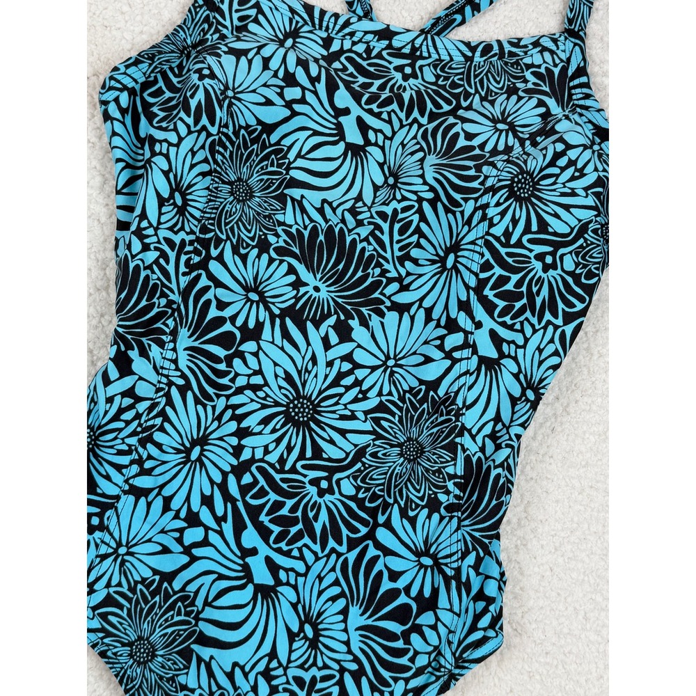 L.L. Bean Women Size 16 Regular Blue Black Floral T-Back One Piece Swimsuit